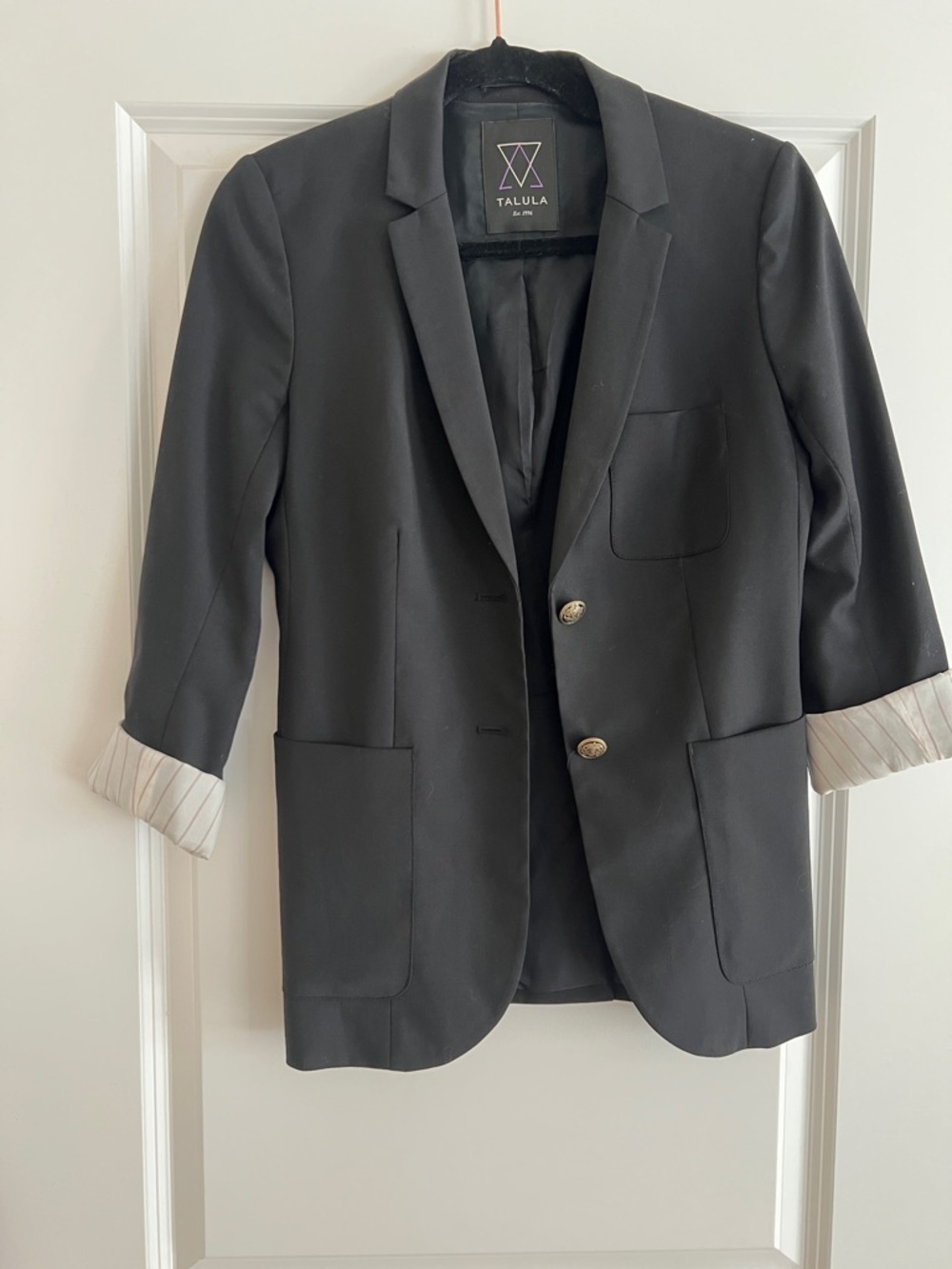 Talula Black Women's Notch-Lapel Blazer with Stripe Cuff